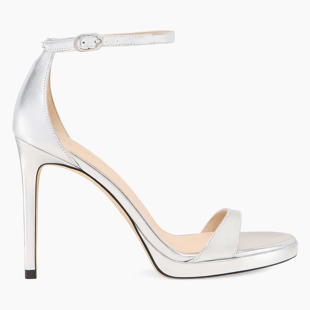 Stuart Weitzman Nudist 100MM Metallic Leather Platform Sandals Silver Size 10